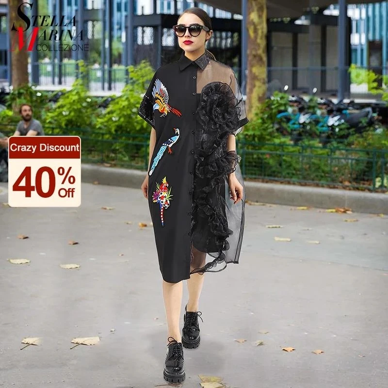 

Summer Woman Black Midi Mesh & Chiffon Shirt Dress Plus Size Ruffle Embroidery Sequined Lady Sheer Voile Party Dresses Robe