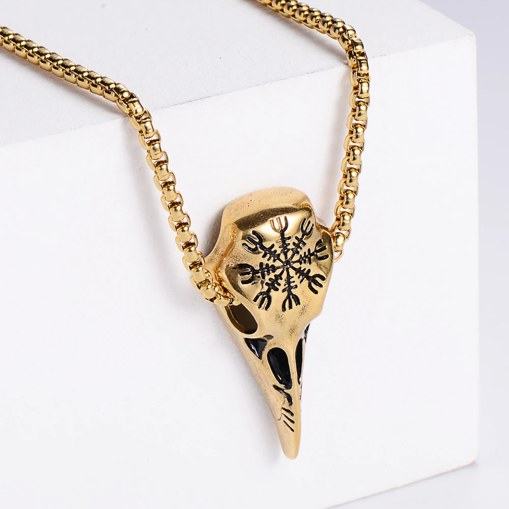 

Stainless Steel Viking Aegishjalmr Raven Skull Necklace, Silver, 18k gold, black