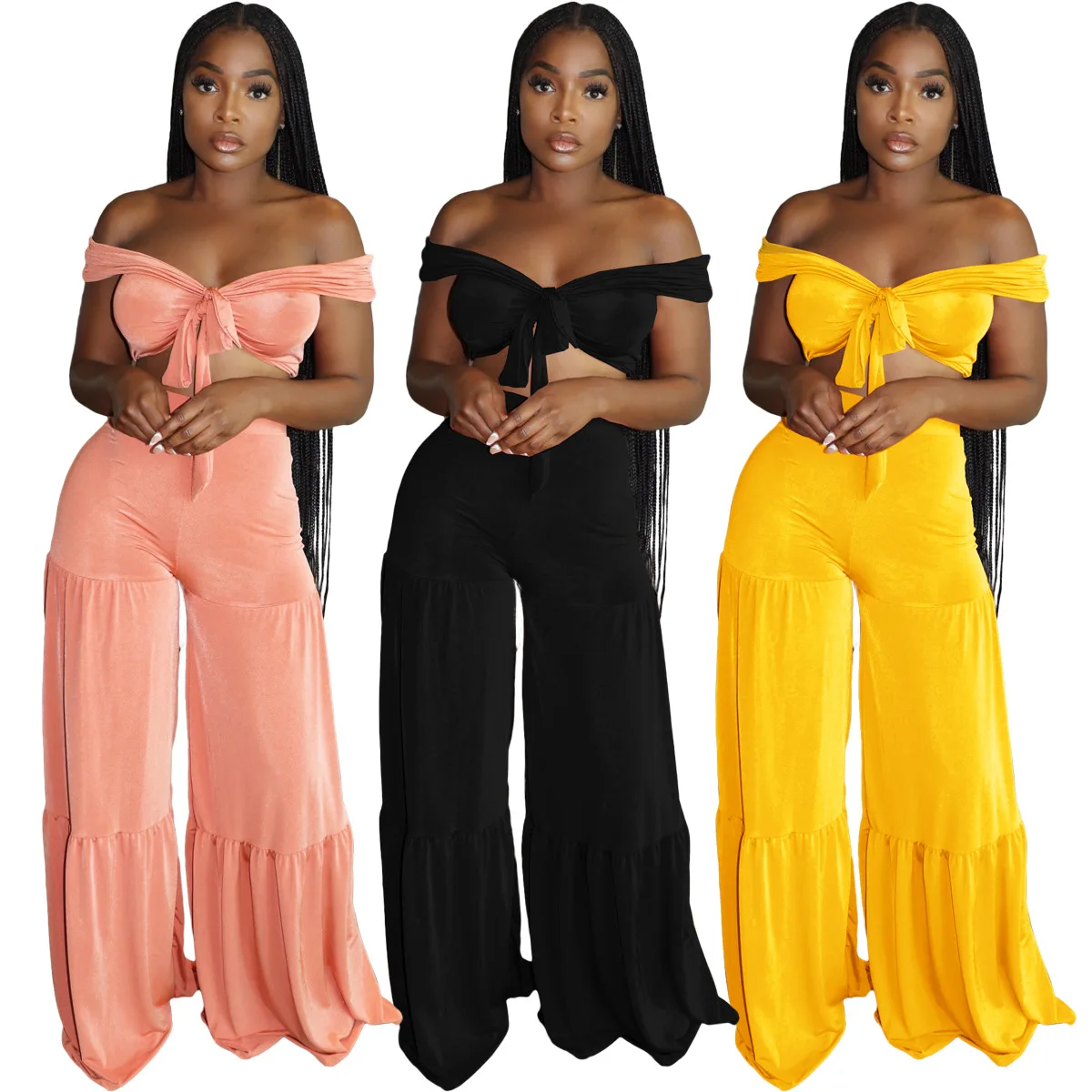 

GX177 clothing vendors new arrival two piece pants set women fashionable wrapped tops and flare pants casual street summer wears, Picture