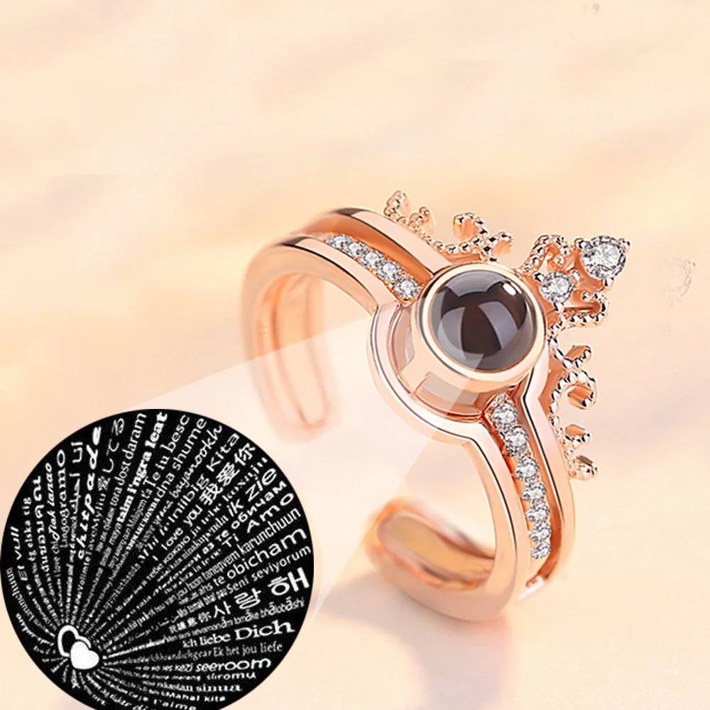 

Luxury Rose Gold Color Ring 100 languages I love you Projection Ring Exquisite Jewellery Romantic Love Memory Wedding