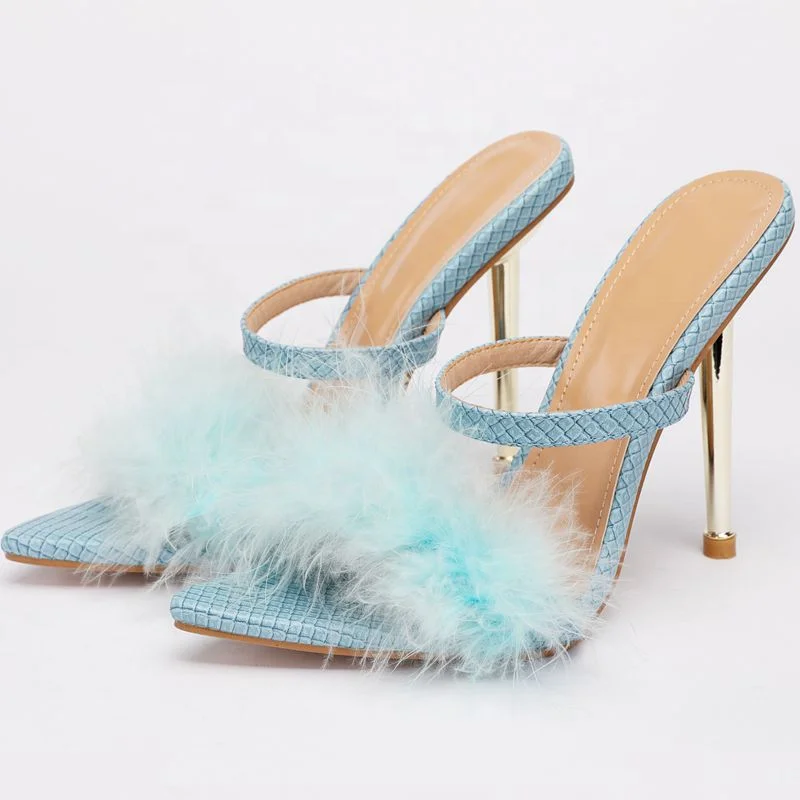 

Metal Stiletto Heels Snakeskin Summer Long Fluffy Fur Sandals High Heeled Shoes Slipper Women Slip on Sexy, Black,white apricot blue yellow