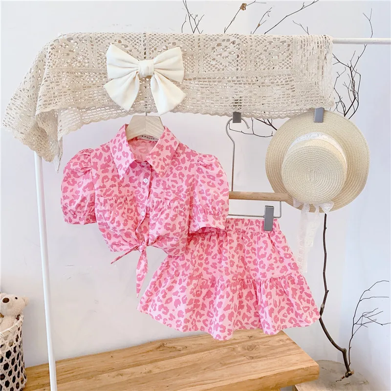 

2022 spring summer new arrive baby girls clothes set girls' pink leopard print high-waisted top and skirt suit girls summer clot, As picture