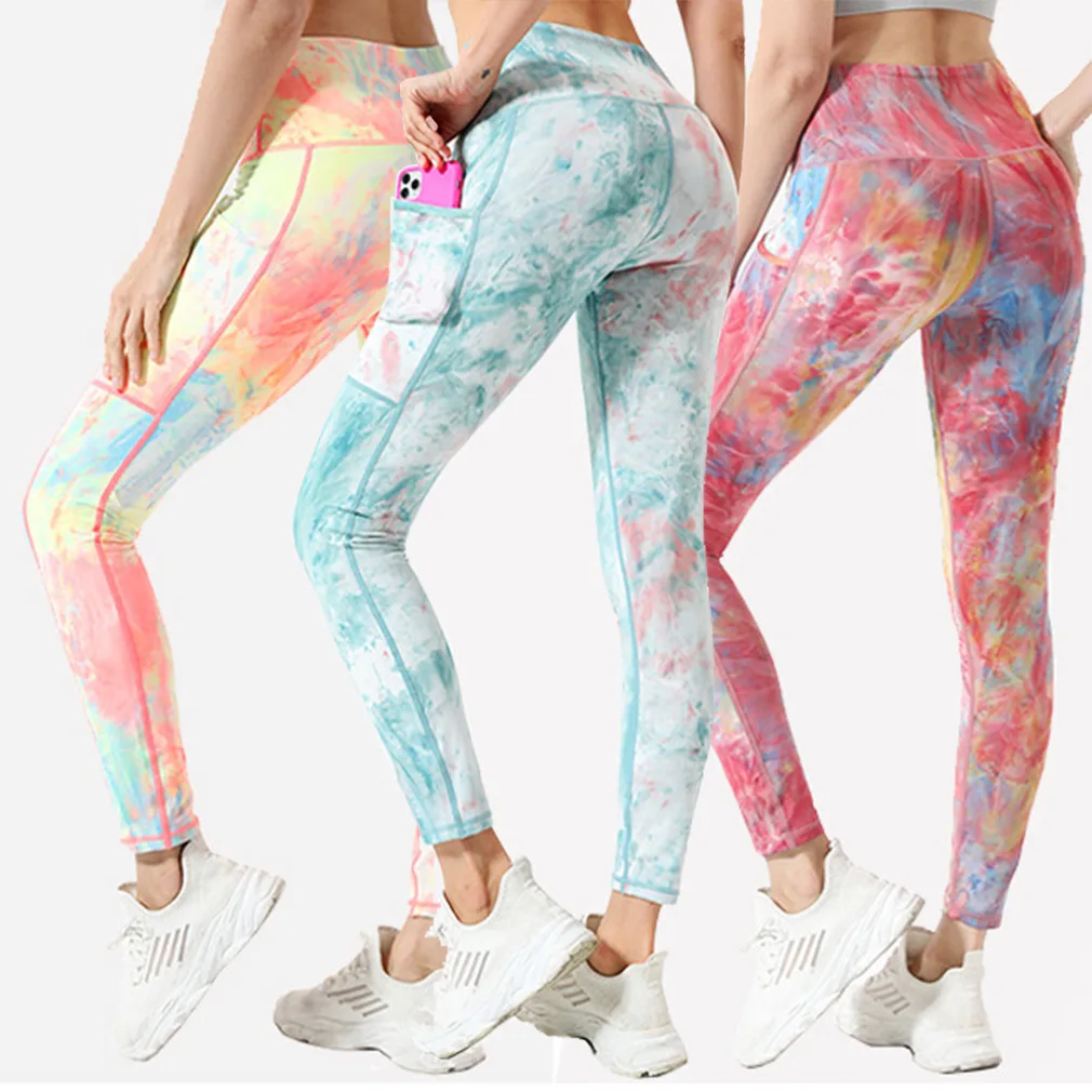 

2021 Pocket Tie dye Leggings Women High Waist Gym Leggings Sports Fitness Push Up Pants Workout Running Leggins