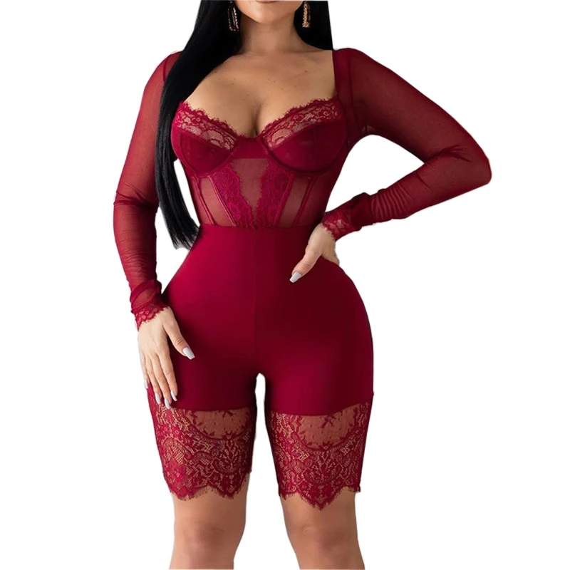

2019 Sexy Perspective Playsuit Women Long Sleeve Lace Jumpsuit Clubwear Mesh V-neck Bodycon Bodysuit, Black/red