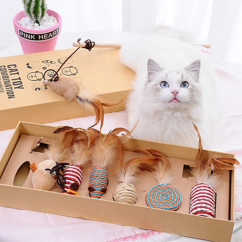 

cute boomWooden combination bell feathers funny cat cat toy set feather pet toys for cat treat dispenser interactive pet toys, As picture or customized