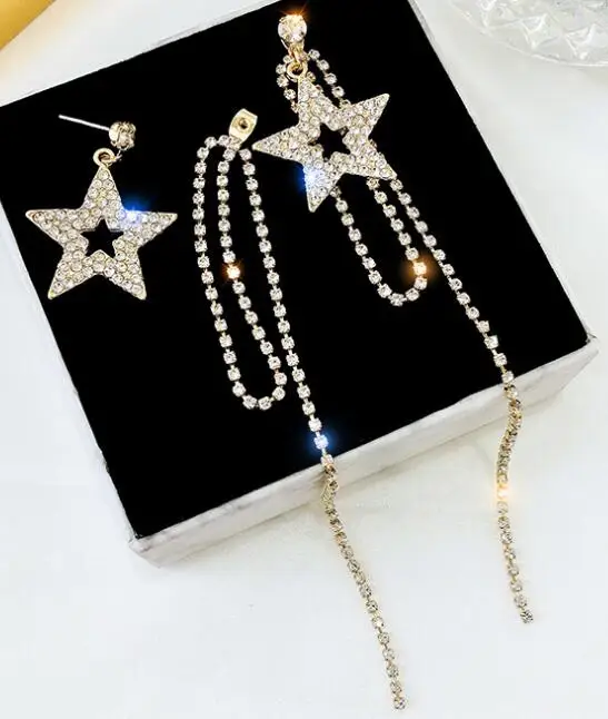 

2019 personality exaggerated crystal Star fashion Women temperament long metal tassel Drop earrings