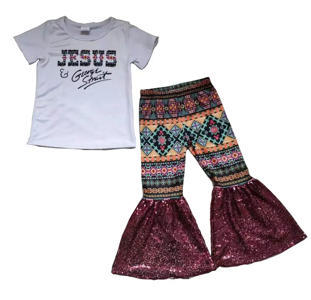 

Baby girl new design white top JESUS letter shirt vintage boho style sequin bell pants kids clothes boutique children set
