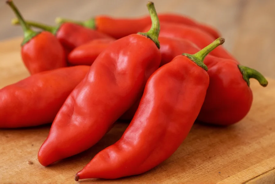 Close-up of red Fresno chili peppers showing their distinctive wrinkled skin and conical shape on a wooden cutting board