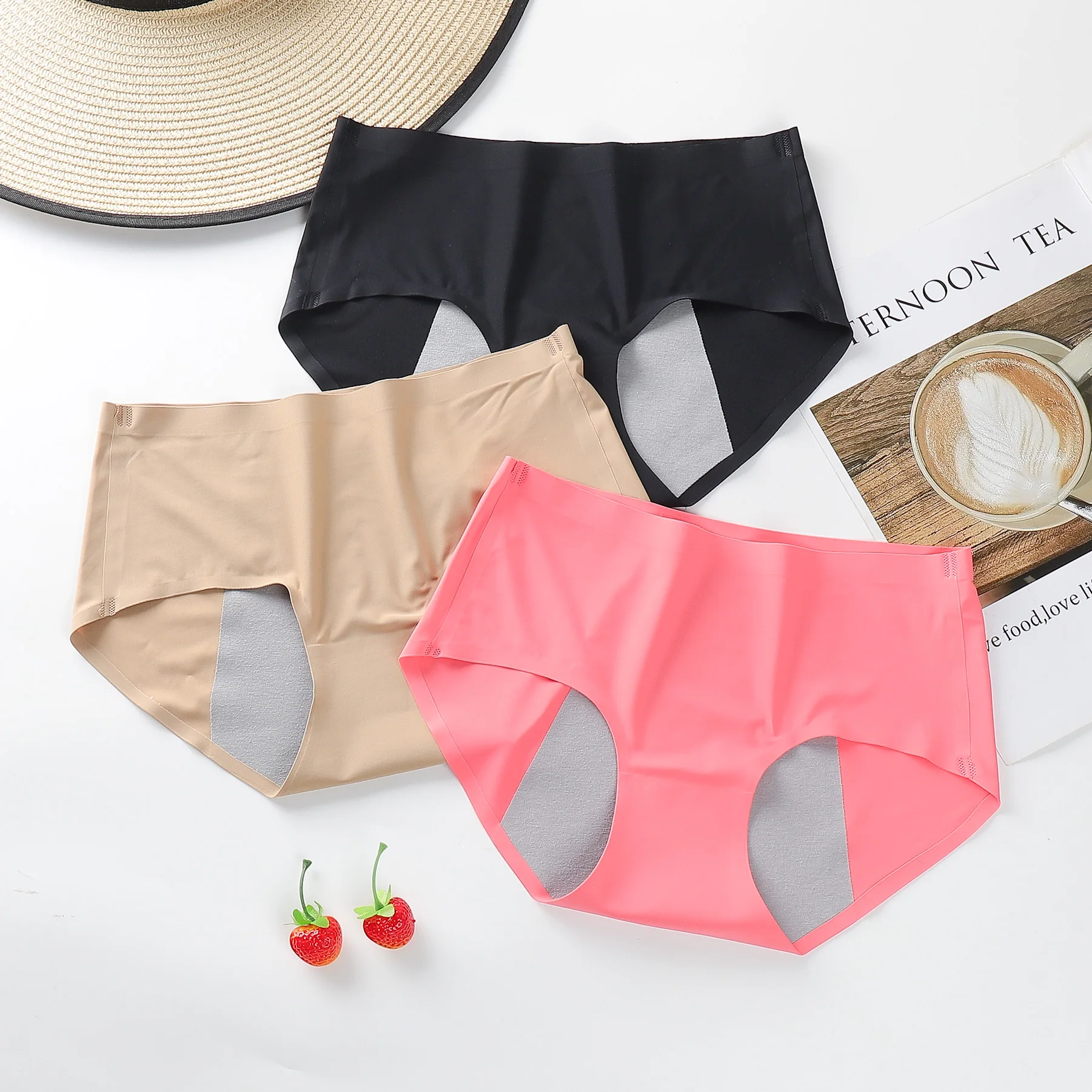 

2021 New arrival menstrual period panties ice silk seamless briefs custom logo leak proof underwear, 7 colors
