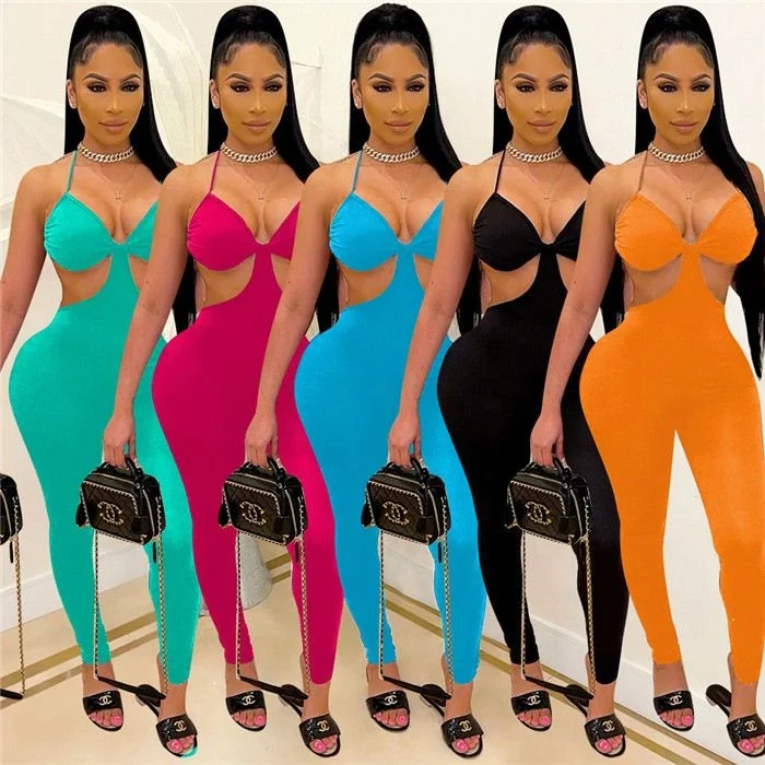 

GE9049-New Products Soft Fabric Bodycon Jumpsuits For Women Sexy Hollow Out Jumpsuit, Picture shown