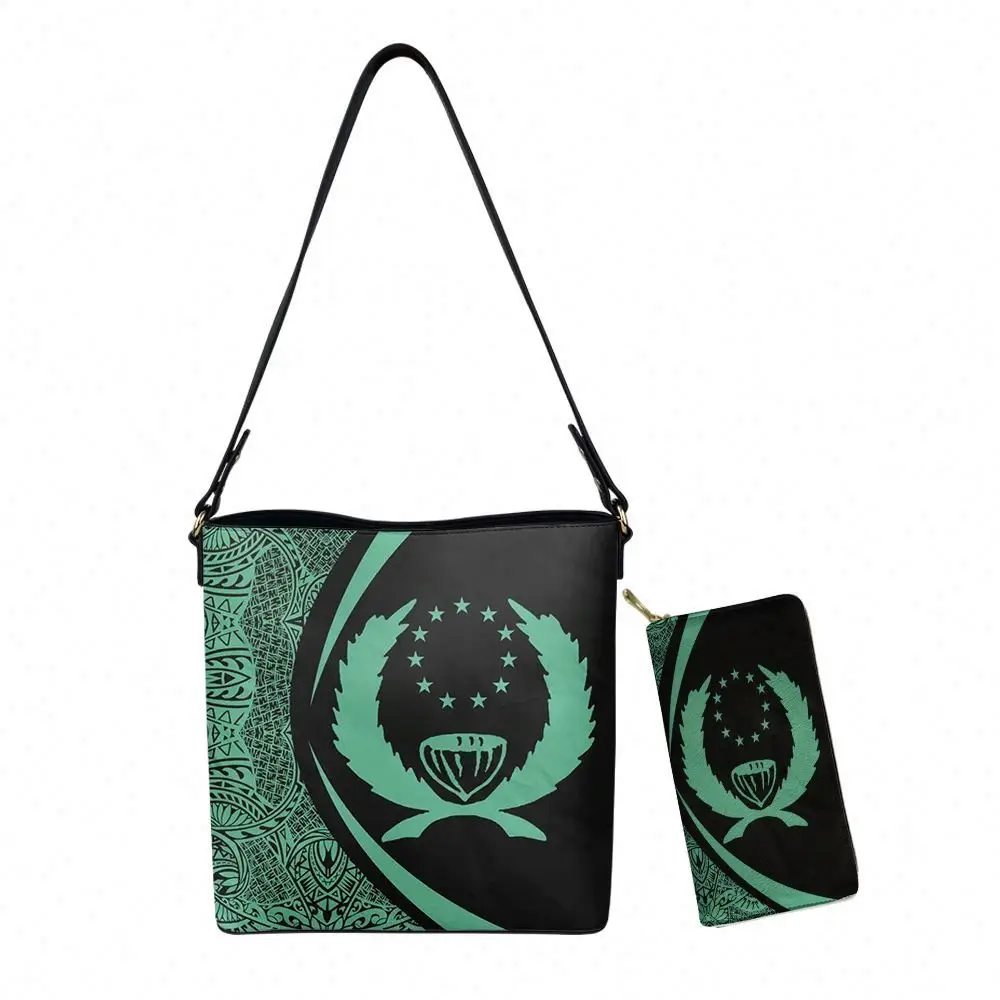 

Hawaii Pohnpei Ethnic Tribal Mint Green Pattern Women Shopping Tote Bag with Wallet Set Wholesale Customized Big Women Tote Bags, Customized color