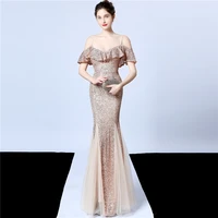 

18015#New style evening dresses luxurious short sleeve fish cut gown women sequin prom bridesmaid dress