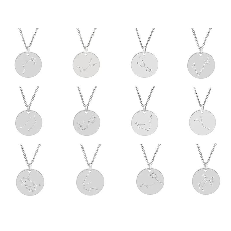 

Newest horoscope necklace design coin pendant 12 zodiac stainless steel necklace, White,blue