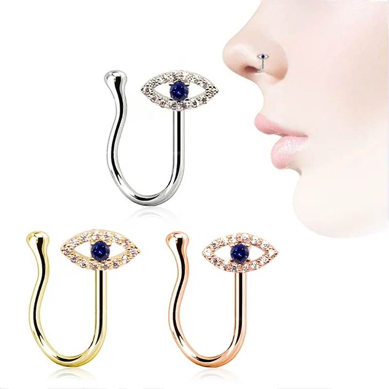 

Xjy OEM nose ring evil eye nose cuffs clip on nose hoop CZ non piercing body jewelry for woman man, Silver gold