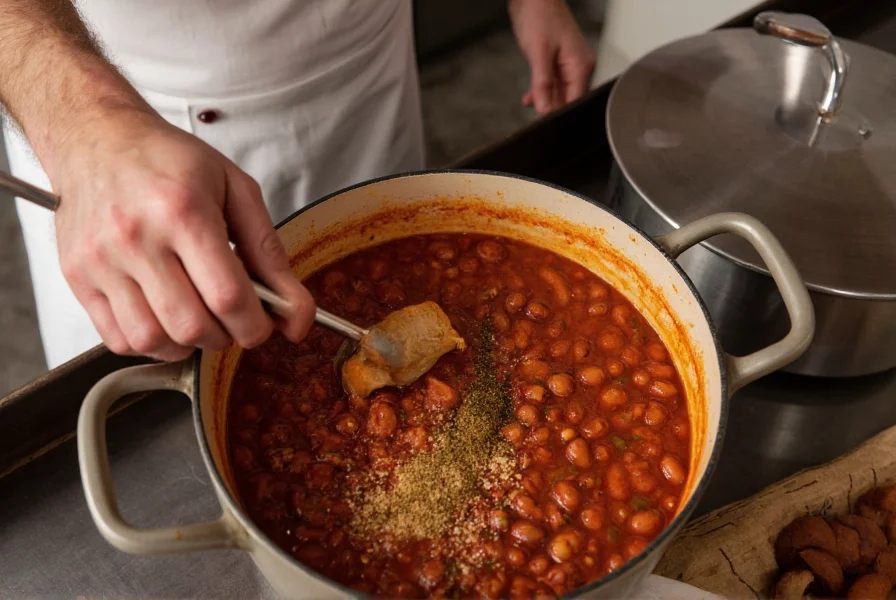 Chef stirring a pot of chili with beans and spices