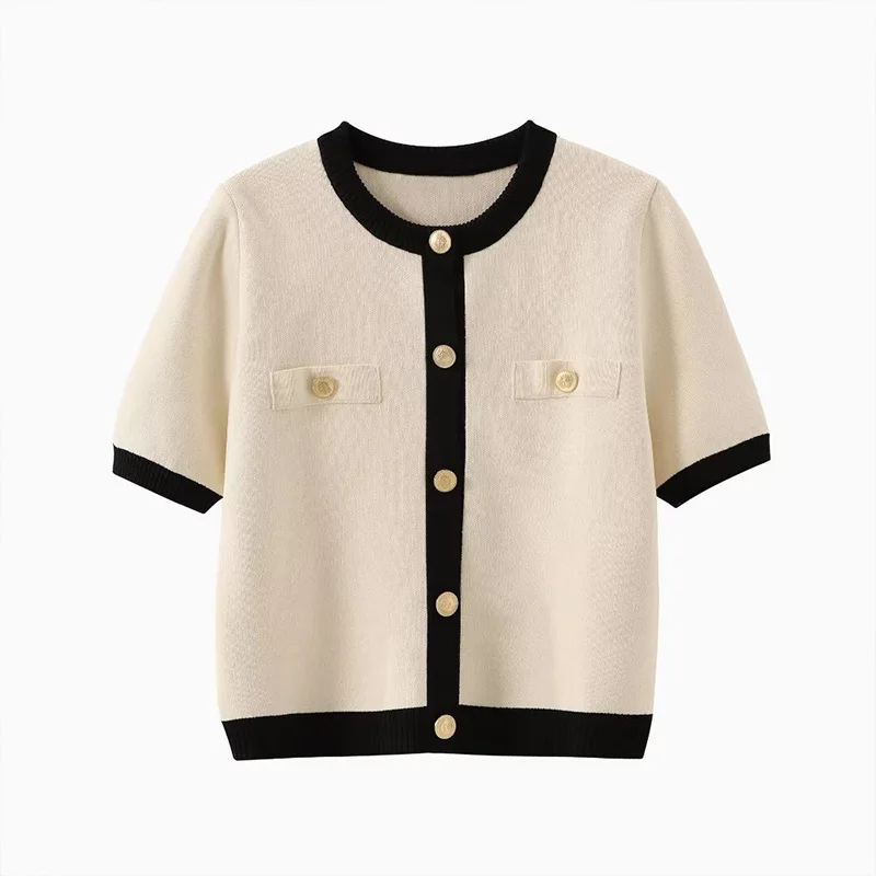 ZATRHMBM Women's 2024 New Fashion Short-sleeved Knitted Jacket Retro Round Neck Button Decoration Casual Short Sweater