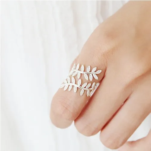 925 Sterling Silver Ring leaf inlaid diamond opening Korean sterling silver jewelry adjustable in two colors