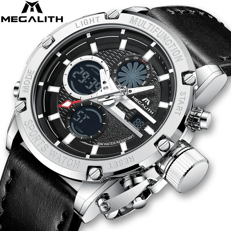 

Relojes Para Hombre MEGALITH Leather Strap Watches Men New Fashion Brand LED 3ATM Water Resistant Men Sports Quartz Watch