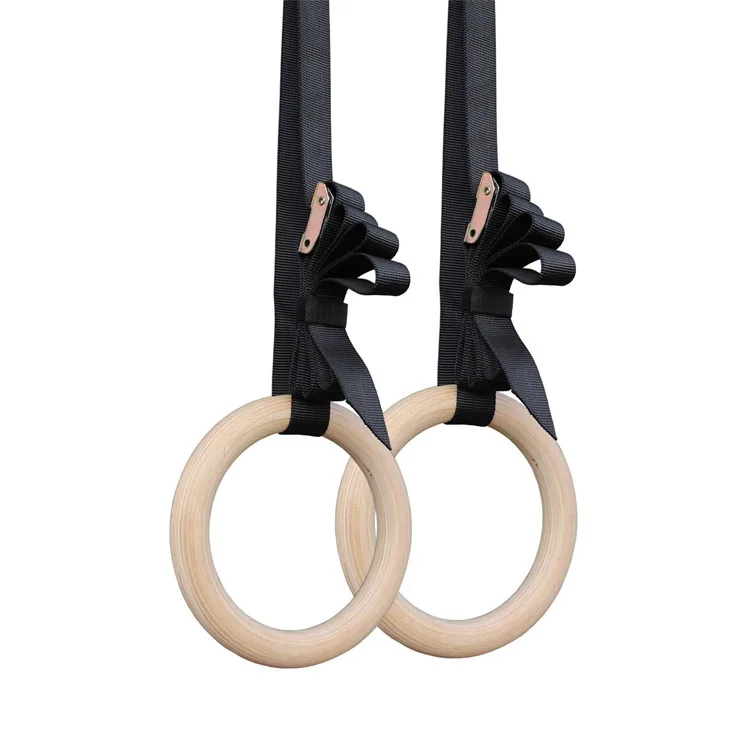 

28mm length wooden gymnastics rings with adjustable cam buckle and long straps, Wood with black straps