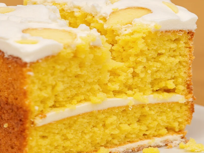 Golden yellow cake slice showing moist crumb structure