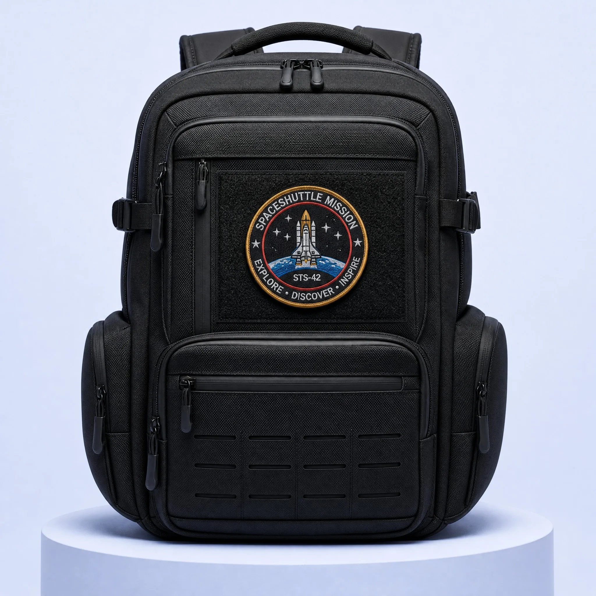 Matte Black Tactical Backpack with Laser-Cut MOLLE Panel and Space Shuttle Mission STS-42 Patch Mounted on Loop Field