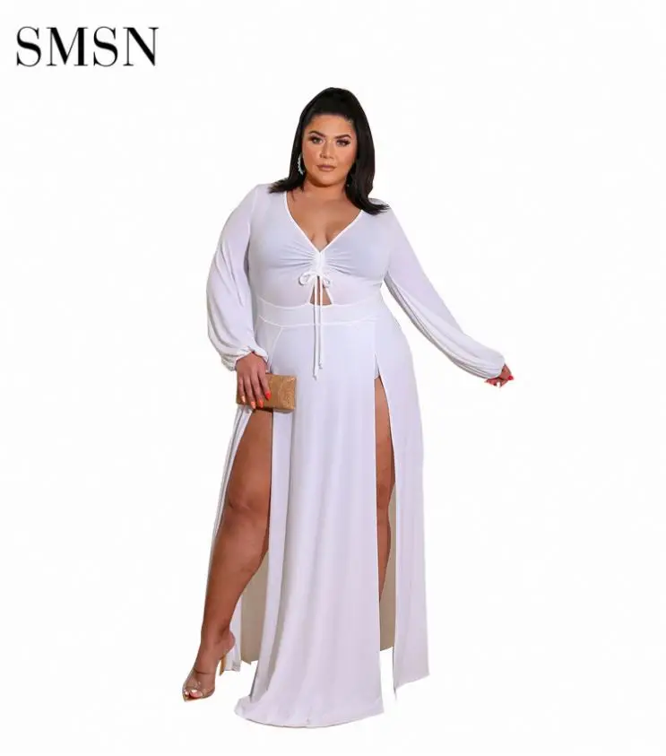 

High Quality 2021 Fall Plus Size Sexy Solid Color Split Fork Hollow Out Bandage Sexy Night Dresses
