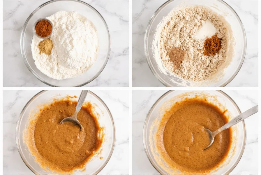 Step-by-step preparation of gluten free cinnamon bread batter in mixing bowl with gluten-free flours and cinnamon