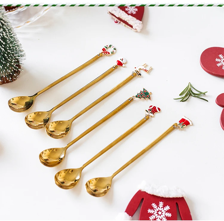 Custom Christmas Gift Cute Souvenir Mixing Stainless Steel Tea Coffee Gold Spoon Set