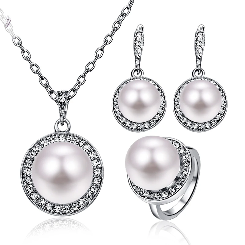 

Jachon Pearl Necklace Earring Ring Wedding Three-piece for One Set Accessories European and American Retro Bridal Jewelry Set, Picture