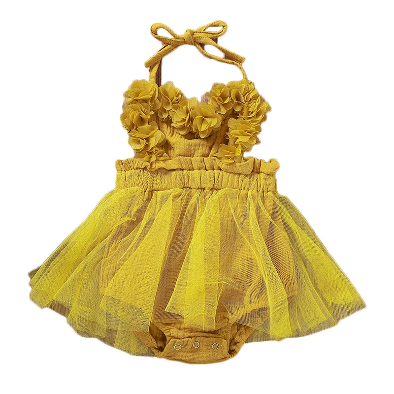 

wholesale fashion summer cute solid color yarn petals sleeveless kids infant children newborn toddlers romper baby
