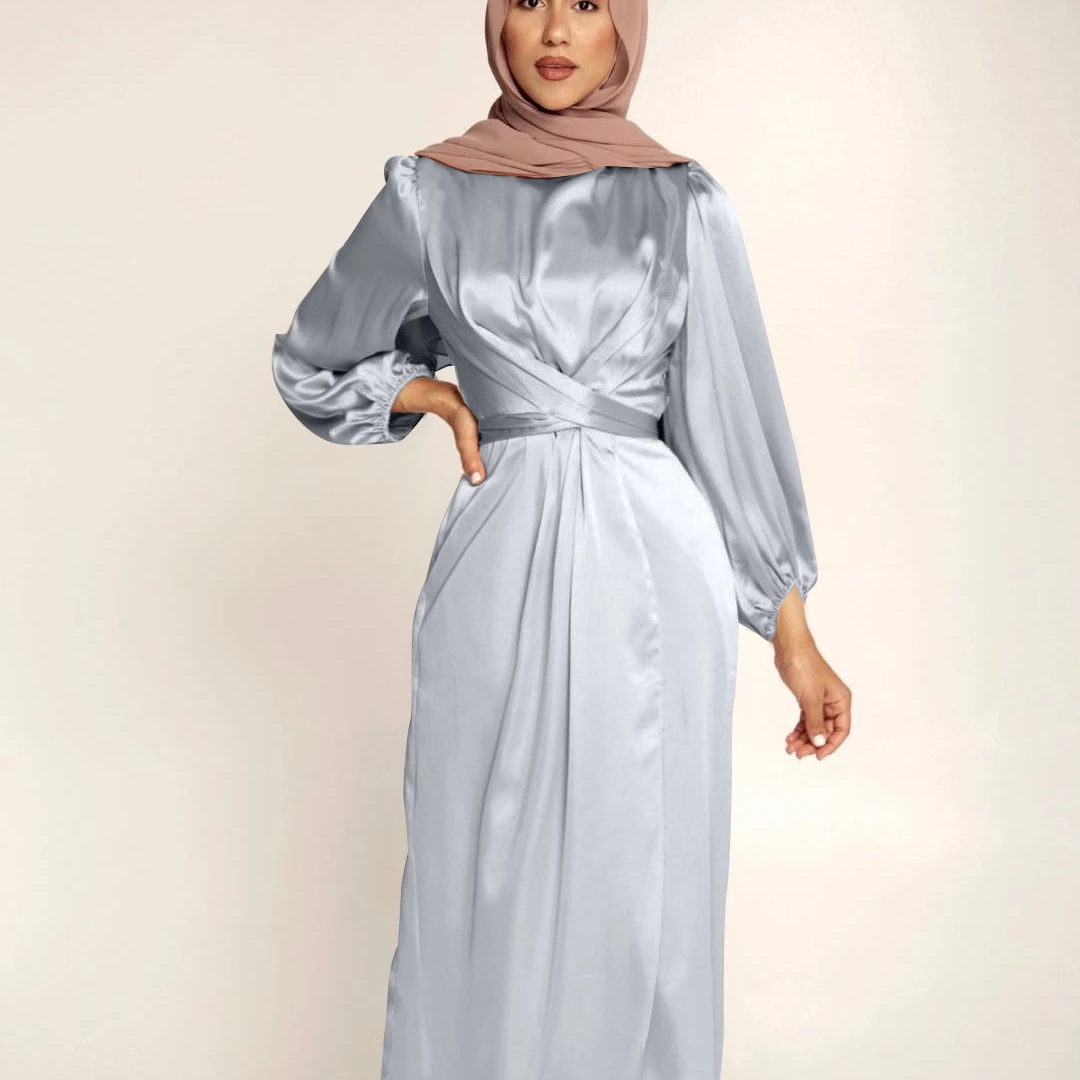

Women Solid Color Muslim Dress Abaya Islamic Clothing Tunic Dress Long Sleeve Prayer Clothing With Belt