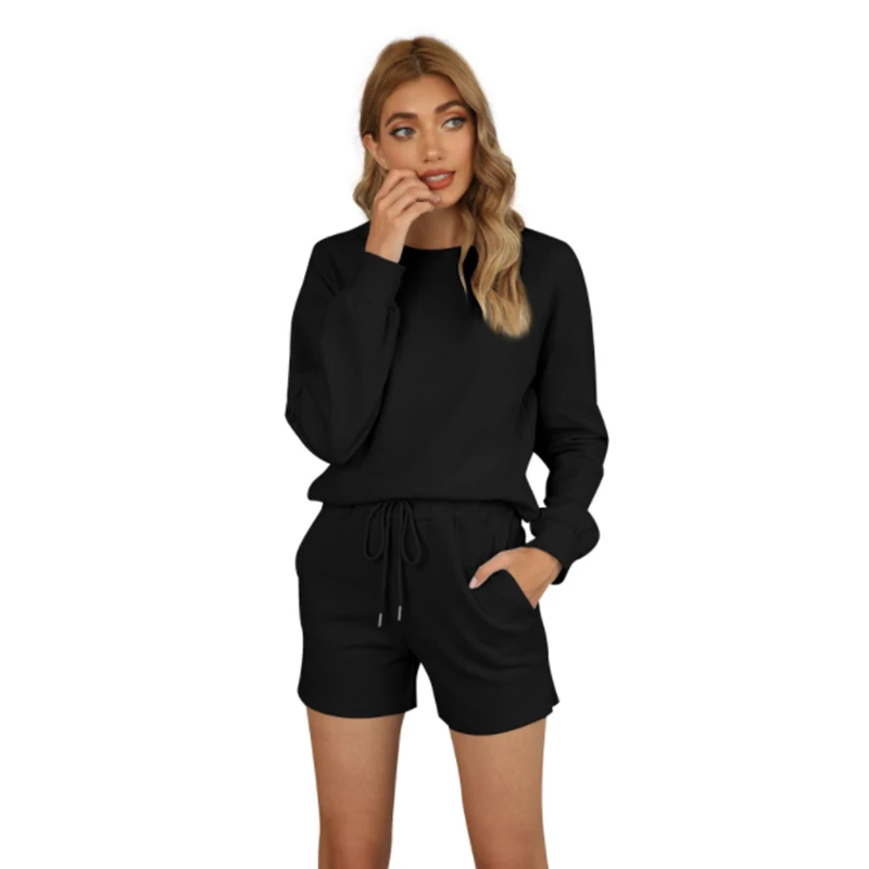 

Two piece short set comfortable home clothing women loungewear casual cotton long sleeve lounge wear with pocket