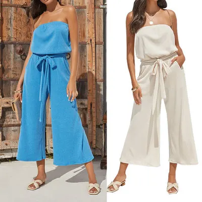 

F41307A the new arrivals Amazon's sexy sleeveless off-the-shoulder lace-up one piece casual jumpsuit jumpsuit women, As picture