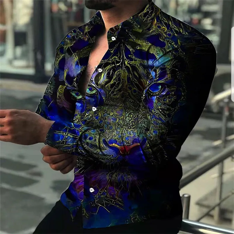 RNSHANGER Fashion Men's Shirt Autumn Turn-down Collar Button Down Shirt Casual Animal Print Long Sleeved Male Shirts
