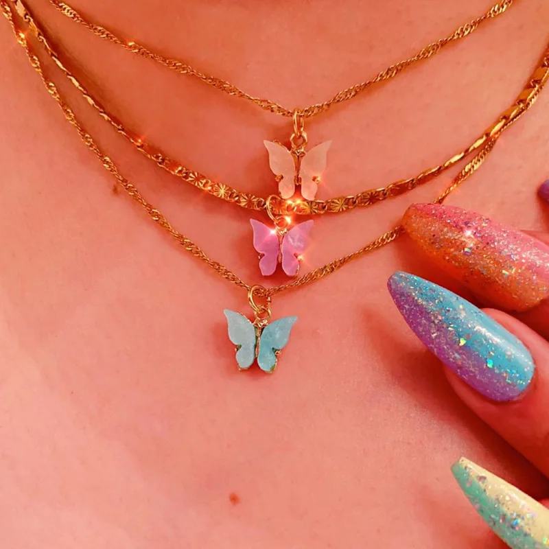 

Ins Cute Sweet Acrylic Butterfly Necklace Colorful butterfly pendant necklace for women girls fashion party jewelry gifts