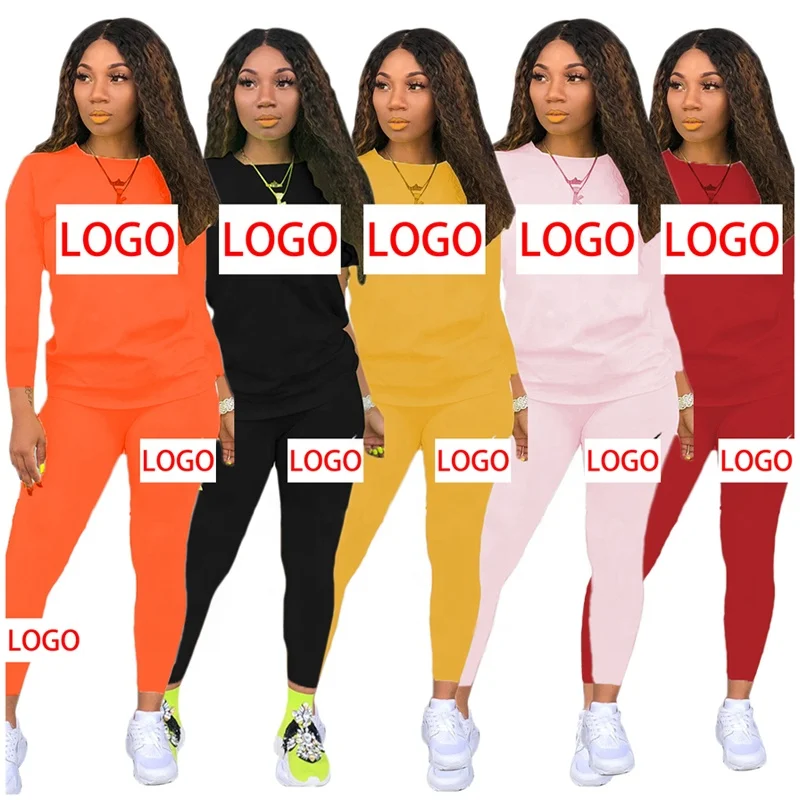 

2020 Fashion women two pieces outfits stylish long sleeve fall clothing for women, Black,orange,pink