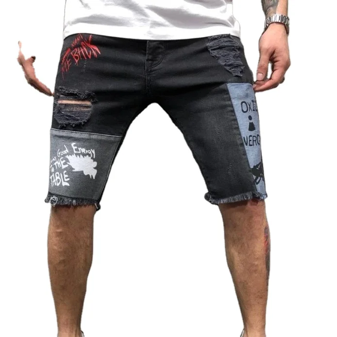 

Hot Sale Denim Shorts Jeans For Men Distressed Shorts Men Patchwork Jeans Skinny Shorts With Print, Black