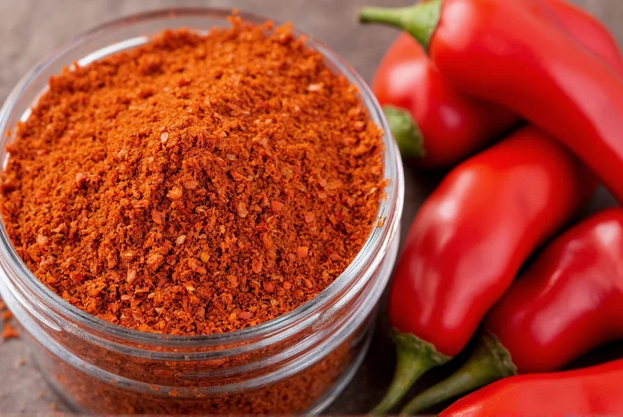 Close-up of crushed red pepper flakes in glass container beside fresh red chili peppers showing texture and color comparison