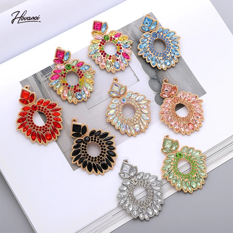 

HOVANCI Female Party Jewelry Bridal Fashion Round Crystal Colorful Stud Drop Crystal Earrings aretes de mujer boucle d'oreille