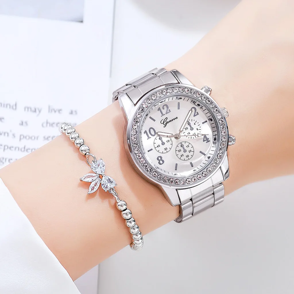 

Hip Hop Iced Out Siver Gold Rose Gold Bling Diamond Quartz Watch Sets Butterfly Silver Bead Bracelet Wristwatch Set, Picture shows