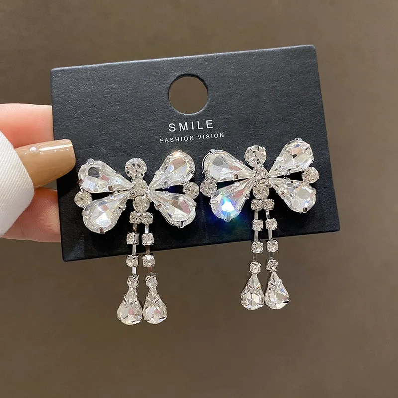 

Light Luxury Jewelry Prevent Allergy Jewellery Women Rhinestone Butterfly Tassel Earrings, White