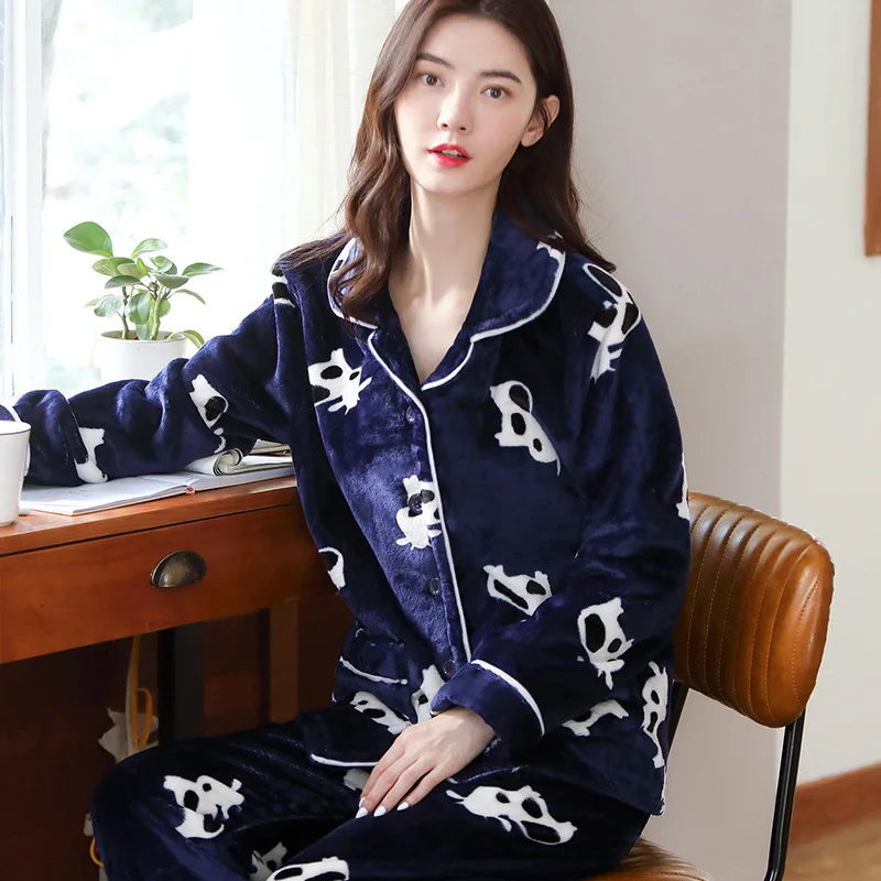 

Women's Sleepwear Winter Woman Flannel Pajamas Ladies Nighties Leisure Wear Two-pieces Sets Thick Warm Cartoon Pajamas Set., As picture