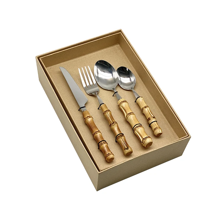 

Stainless Steel 16 24 Piece Wooden Cutlery Natural Bamboo Handle Flatware Sets, Silver
