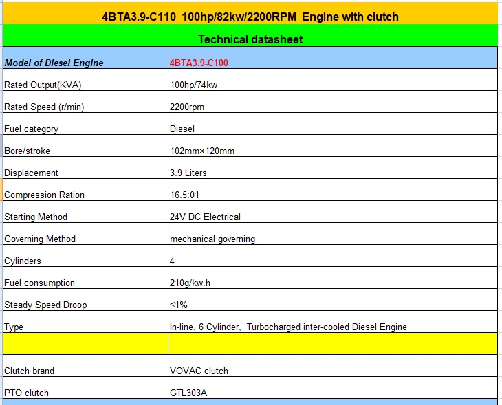 100hp 2200rpm Stationary Power Diesel Engine With Clutch 4bta3.9c100