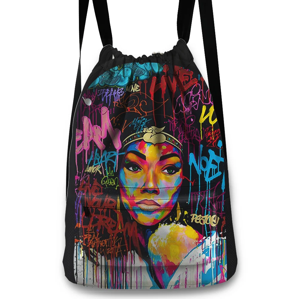 

2022 High Quality Polyester Black Africa Sublimation Print Customize Logo Style for Unisex Girl Drawstring Backpack Bag
