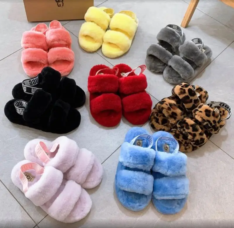 

New Design open toe cotton fluffy Slippers Thick Bottom slides Plush Slippers fish mouth Elastic Belt platform women sandals, Yellow, red, black, blue, gray, cheetah, pink,light red