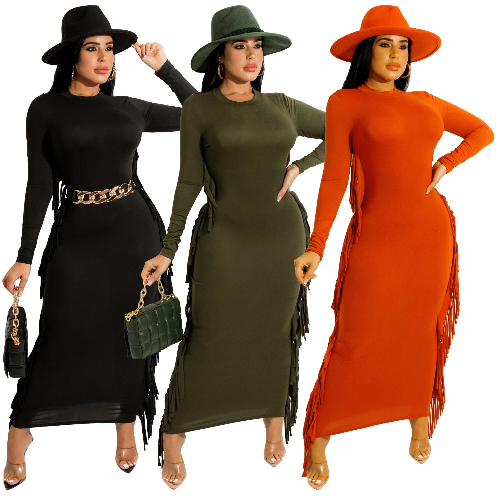 

MSL461-Cheap Fashion Casual Solid Color Sexy Evening Dresses Three-Color A-Line Skirt Lady Long Sleeve Women Dress