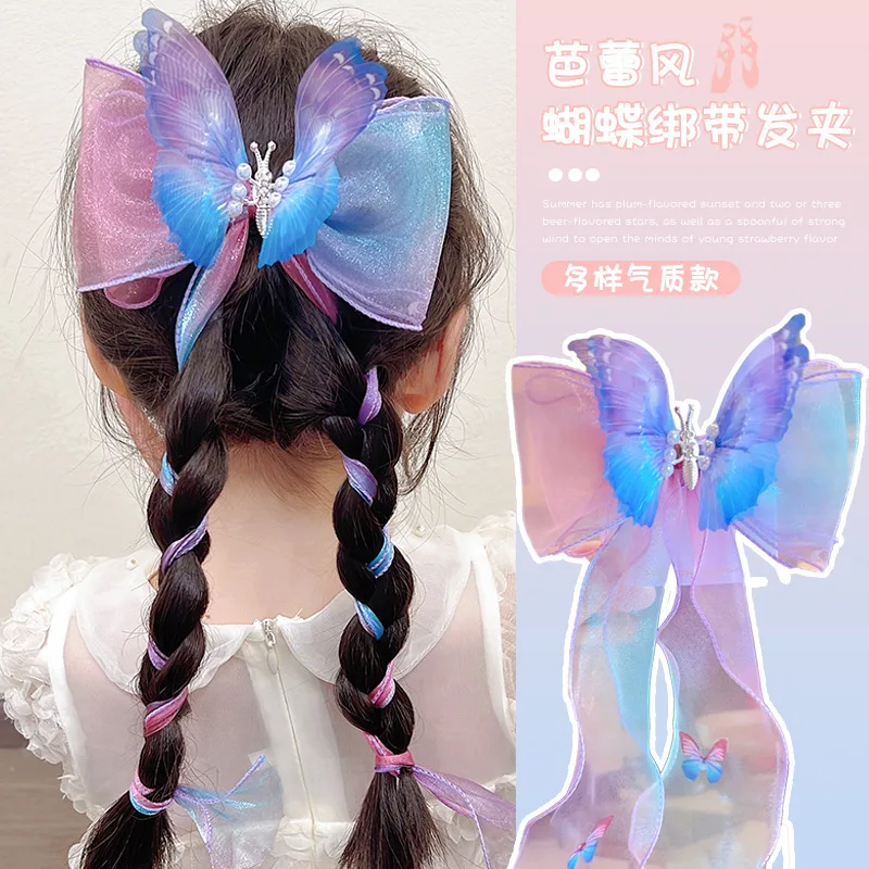 

Children Long Ribbon Bowknot Hair Clips Accessories Super Fairy Kids Girl Princess Braided Hair Chain Jumping Butterfly Hairpin