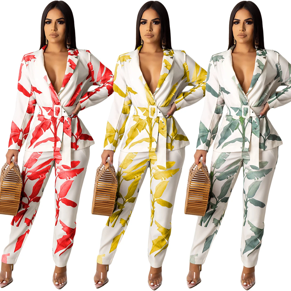 

New Design Long Sleeve High Quality Tailored Printed Two Piece Suit Women, Three different color