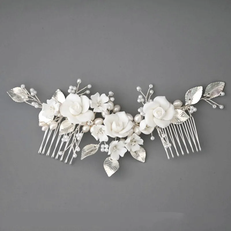 

SLBRIDAL Handmade Freshwater Pearls Ceram Flower Bridal Hair Comb Wedding Headdress Hair Accessory Bridesmaids Women Jewelry